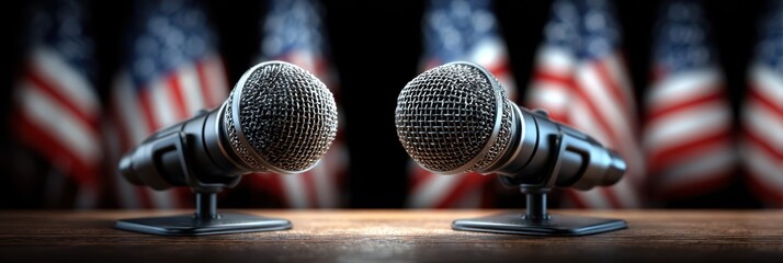 Two microphones placed on a wooden table before a backdrop of American flags for a political debate at a civic center