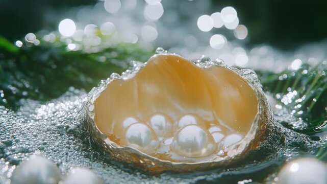 A shell filled with pearls sits atop a snowy surface, perfect for winter wonderland or treasure hunt scenes