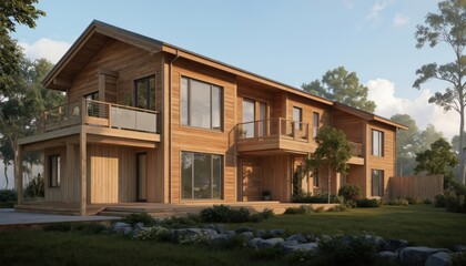 Fototapeta premium Modern prefabricated modular house crafted from sustainable wood panels. Features large windows, balconies, eco-friendly design, blending architecture with nature. Ideal for family living, offering