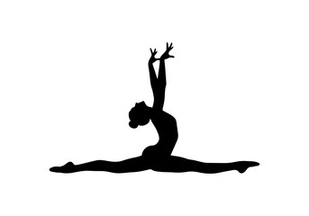 Silhouette of Female Gymnast in Full Upright Split Pose – Side View Black and White Illustration Emphasizing Strength, Flexibility, and Graceful Athletic Movement