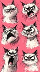 Expressions of a grumpy cat displaying various emotions in a lively and colorful setting
