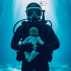 Underwater Love Diver Holding Baby in Ocean Depth, Parenting , Adventure