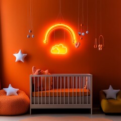 Vibrant Orange Baby Room with Neon Rainbow and Crib, Nursery , Interior