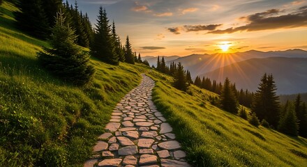 Obraz premium Scenic Irregular Stone Trail in Vibrant Grass Landscape with Warm Light and Mountain View at Dusk