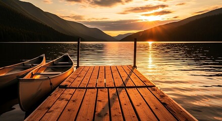 Sunset Scene with Rustic Dock, Reflective Lake, and Canoes Beneath Forested Mountains