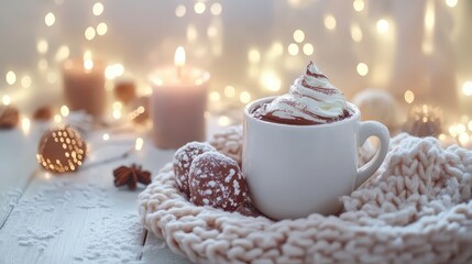 Fototapeta premium Warm Cozy Hot Chocolate with Whipped Cream and Festive Decor