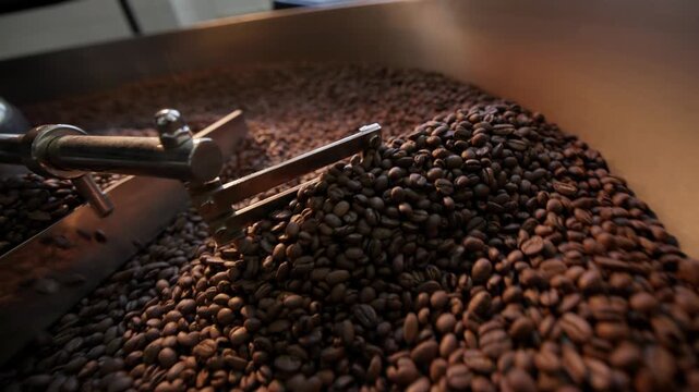 Smooth coffee roasting process, beans moving in rotating machine.