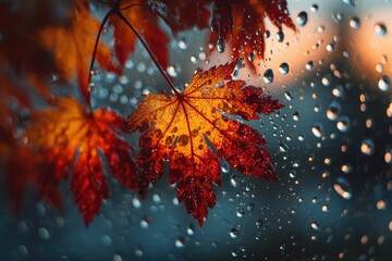 Autumn leaves cling to a window pane covered in raindrops during a dreary day, showcasing the beauty of nature even in wet weather