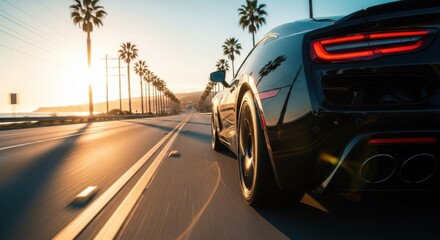 Black sports car on sunny coastal road