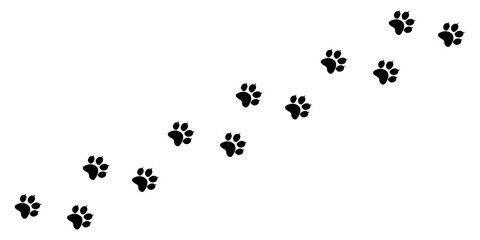 A graphic illustration of a diagonal trail of black cat animal paw prints,and ideal for pet background patterns.
