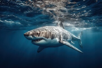 Naklejka premium Great white shark swims in clear blue ocean water near the surface during daylight hours in the open sea
