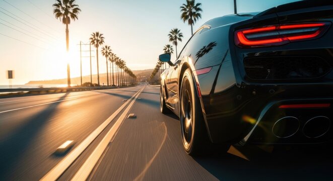 Black sports car on sunny coastal road