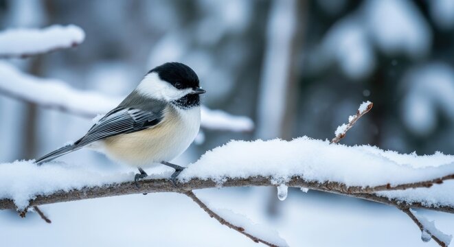 Black-capped chickadee perched on snow-covered branch