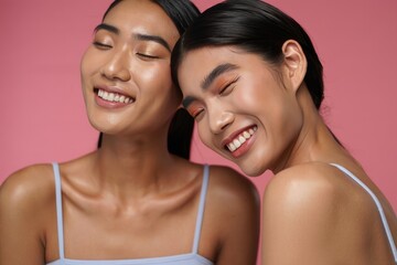 Two Young Women Smiling with Eyes Closed - Portrait of Happiness and Connection