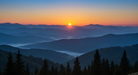 Obraz premium Sunrise Serenity Mountain Landscape Layers of Blue Peaks and Misty Valleys with Silhouette Trees in Foreground for a Nature Lover
