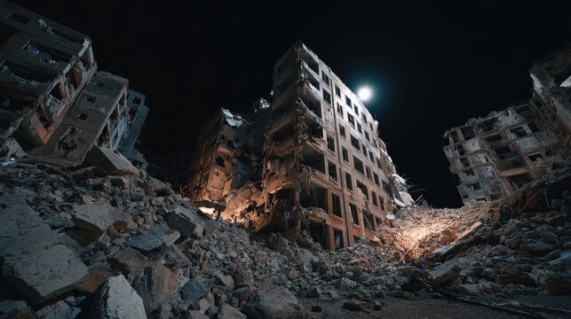 Nighttime rubble, destroyed building, city destruction, post-disaster scene, warzone imagery