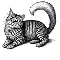 Realistic black and white sketch of a playful striped cat.