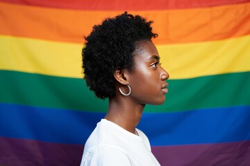 Young Black Woman Profile with Rainbow Pride Flag Background