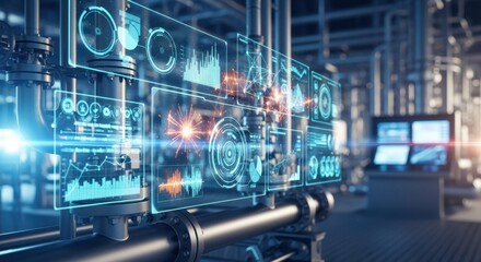 Advanced refinery infrastructure combined with digital data visualization in a hightech environment.
