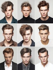 Fototapeta premium Collage of Contemporary Hairstyles for Men Featuring Various Styles on a Clean White Backdrop Showcasing Diverse Looks and Trends