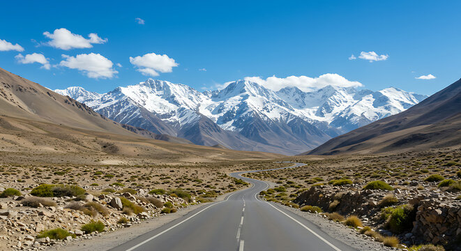 Spectacular Mountain Road Journey under Azure Skies Snow-Capped Peaks along the Winding Path into the Majestic Mountains - Powered by Adobe
