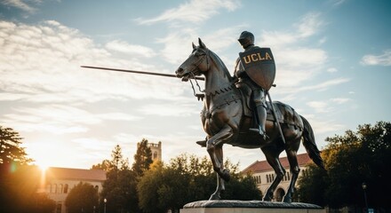 Bronze equestrian statue, UCLA logo, sunset backdrop