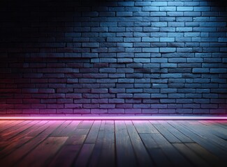 Neon-lit brick wall backdrop, wooden floor, dark room; event, party, concert background