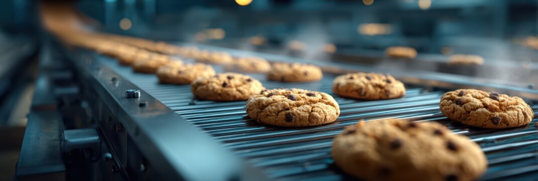 Freshly baked chocolate chip cookies moving along a conveyor belt in a modern bakery during daytime