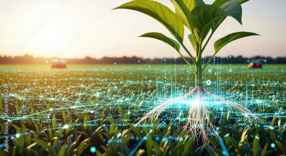 Poster natural plant combined with digital network coding illustrating smart agriculture systems.