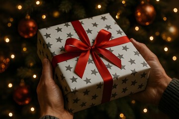 Close-Up of Hands Holding Christmas Gift Box with Star Pattern and Red Ribbon