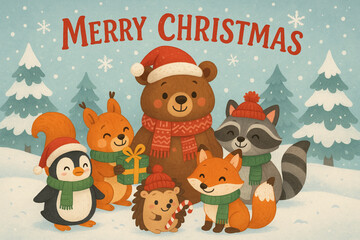 Cute Cartoon Winter Animals Celebrating Christmas with Festive Text Overlay
