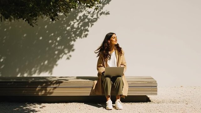 Freelancer working on laptop outdoors in modern urban space