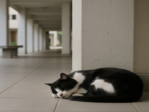 Black and White Cat Napping Under HDB Void Deck