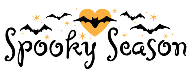 Spooky season text with a heart and bats
