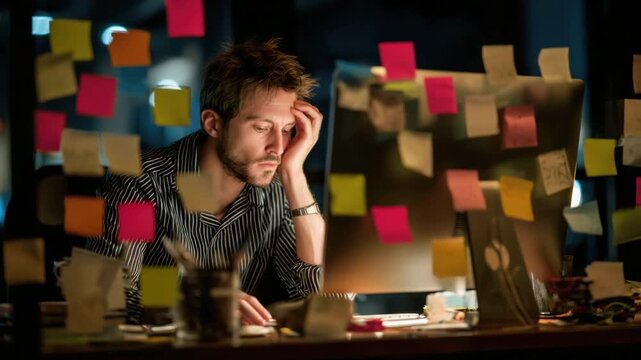 Overworked multitasking man working intensely, desk cluttered colorful sticky notes. Many ideas, tasks, chaotic creative workspace. Urgency work. Challenge multiple responsibilities. Productivity.