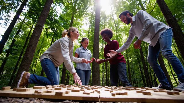 A team-building exercise unfolds in a lush forest, with diverse individuals solving puzzles together. This video highlights cooperation, strategy, and outdoor challenges in an inspiring natural settin
