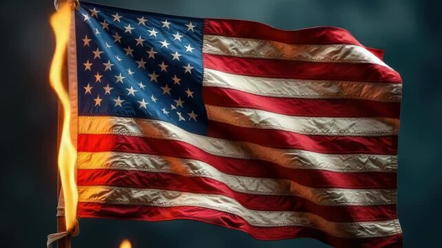 An American flag engulfed in flames against a dark night sky, symbolizing freedom and patriotism