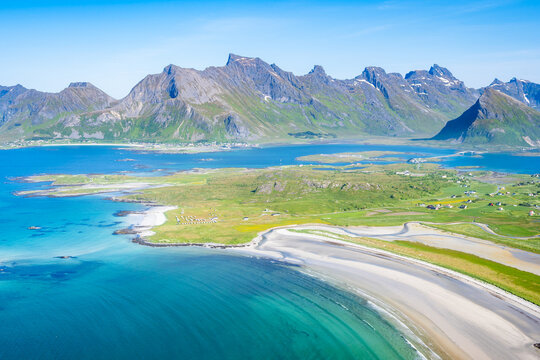Stunning view of Yttersand beach from hiking trail to Roren mountain, Lofoten Islands, Norway