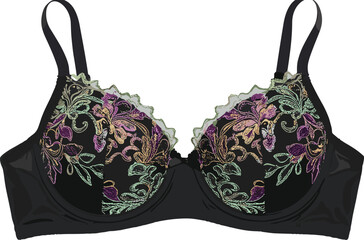 Elegant floral embroidered black bra, fashion lingerie CAD, stylish undergarment flat sketch, detailed lace intimate wear vector, modern women's underwear design illustration