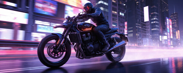 Cyberpunk motorcycle rider speeds through neon-lit city at night, evoking synthwave 80s aesthetic. Blurred lights, glowing grid patterns create futuristic, retro vibe. 3d illustration captures of