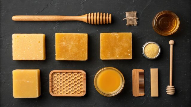 Natural honey and beeswax products flat lay on dark background promoting self care and healthy lifestyle choices