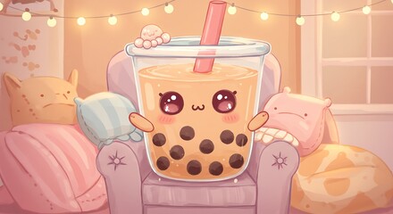 Animated Bubble Tea Sitting on Chair with Decorative Pillows and String Lights