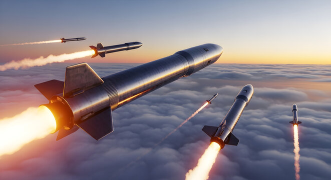 Military missiles launching through clouds at sunset