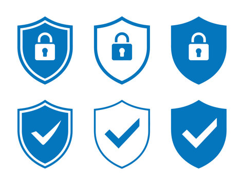 Secure your data with these modern blue shield icons featuring locks and checkmarks, perfect for digital protection and verification needs