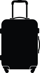 Black suitcase with wheels and handle, travel luggage bag, rolling suitcase for trip, compact carry-on luggage, modern travel gear, cad drawing flat vector illustration