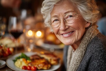 Elderly woman smiling during a Thanksgiving Day dinner with her family in a cozy indoor setting