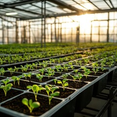 Greenhouse scene with neatly arranged seedling trays and young plants growing under controlled humidity and warm light, vibrant and organized indoor cultivation with copy space
