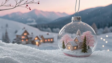 Christmas ornament with tiny houses and pink trees winter wonderland snow globe landscape festive scene