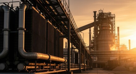 Fototapeta premium Factory heat exchanger and furnace infrastructure illuminated by warm sunset tones in industrial complex.