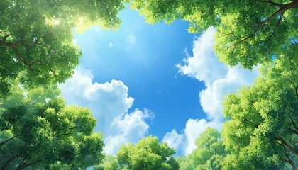 Obraz premium Illustration captures rich green canopy from low angle view. Bright blue sky with fluffy white clouds. Sunlight filters through fresh foliage. Serene, peaceful spring atmosphere with calming green,